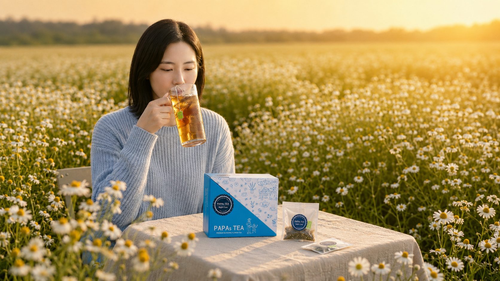 캐모마일 꽃밭에서 파파스티를 즐기는 모습