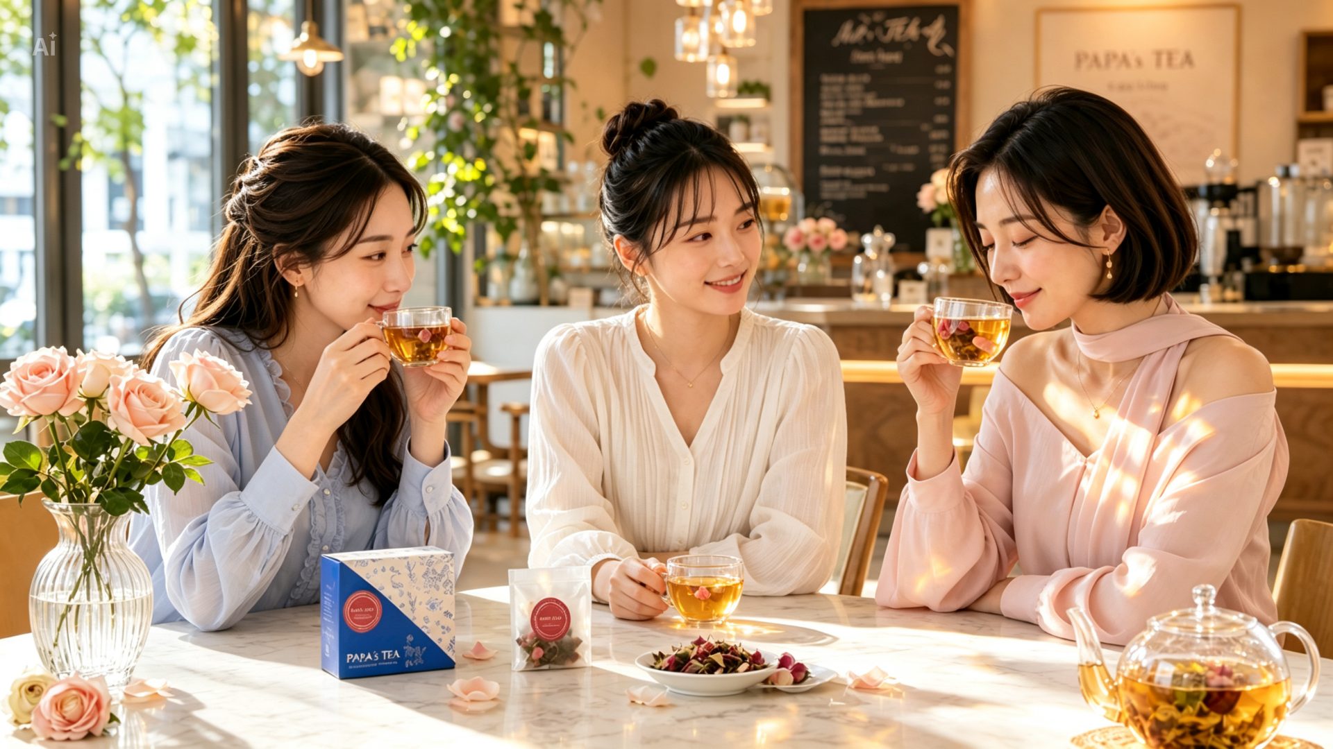 카페에서 장미 꽃차를 나누는 모습