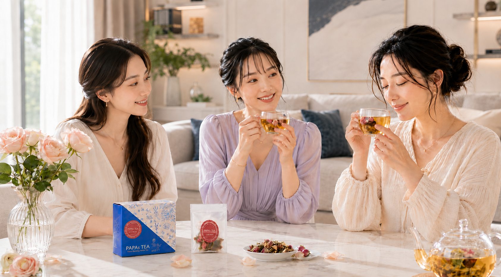 거실에서 나누는 장미 꽃차